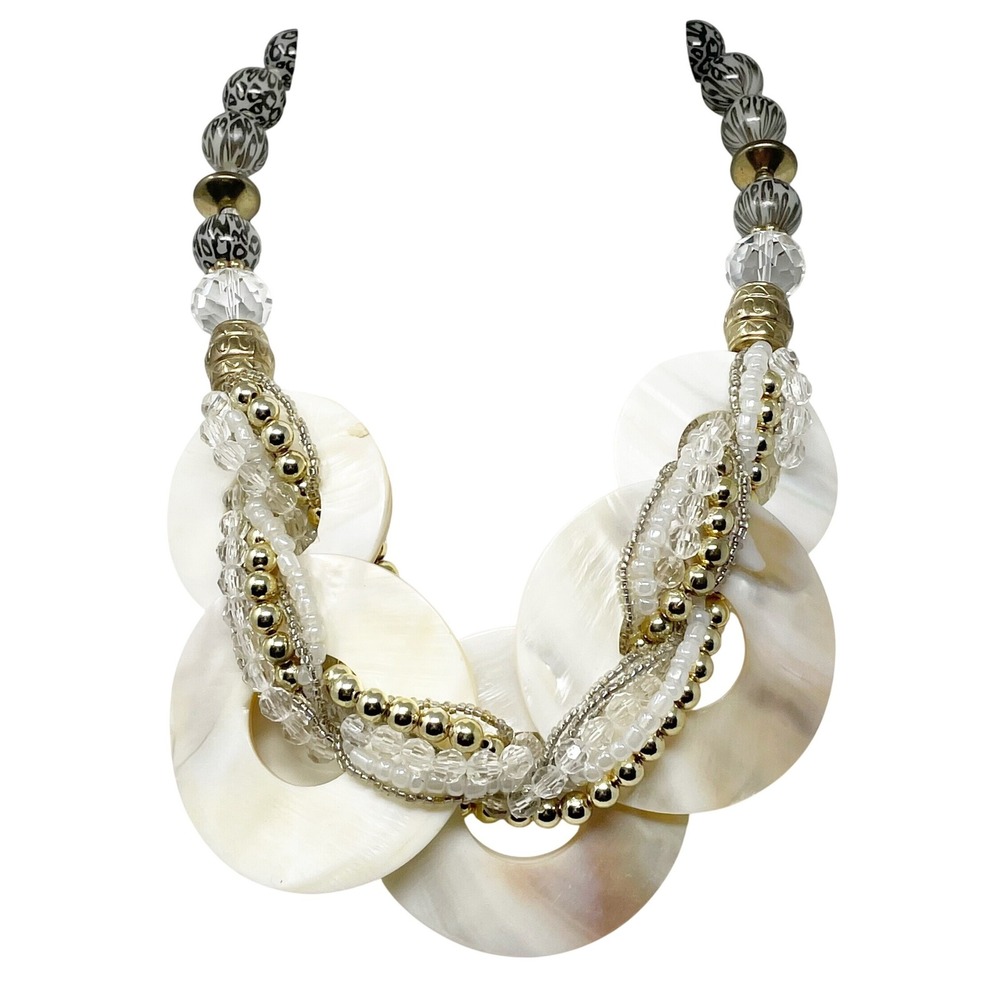 Mother of Pearl Circular Woven Bib Statement Necklace Cream Beaded Chunky Boho